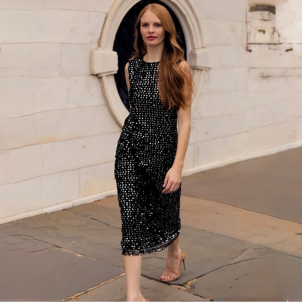 NWT Olivia by Livro Sequin Waller Midi Sheath Dress Black Size XS - Picture 2 of 13